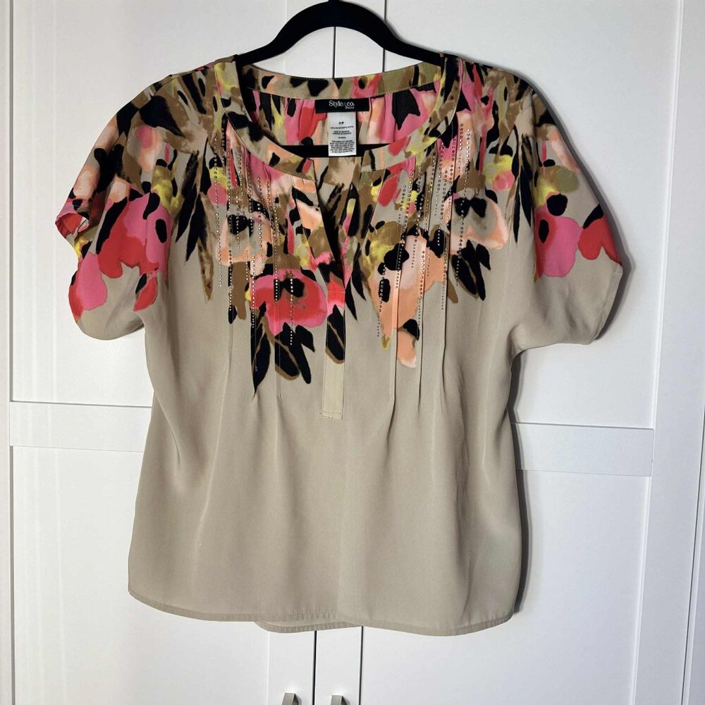 Style & Co Petite Women Blouse Floral Top Formal Brown P/P SMALL